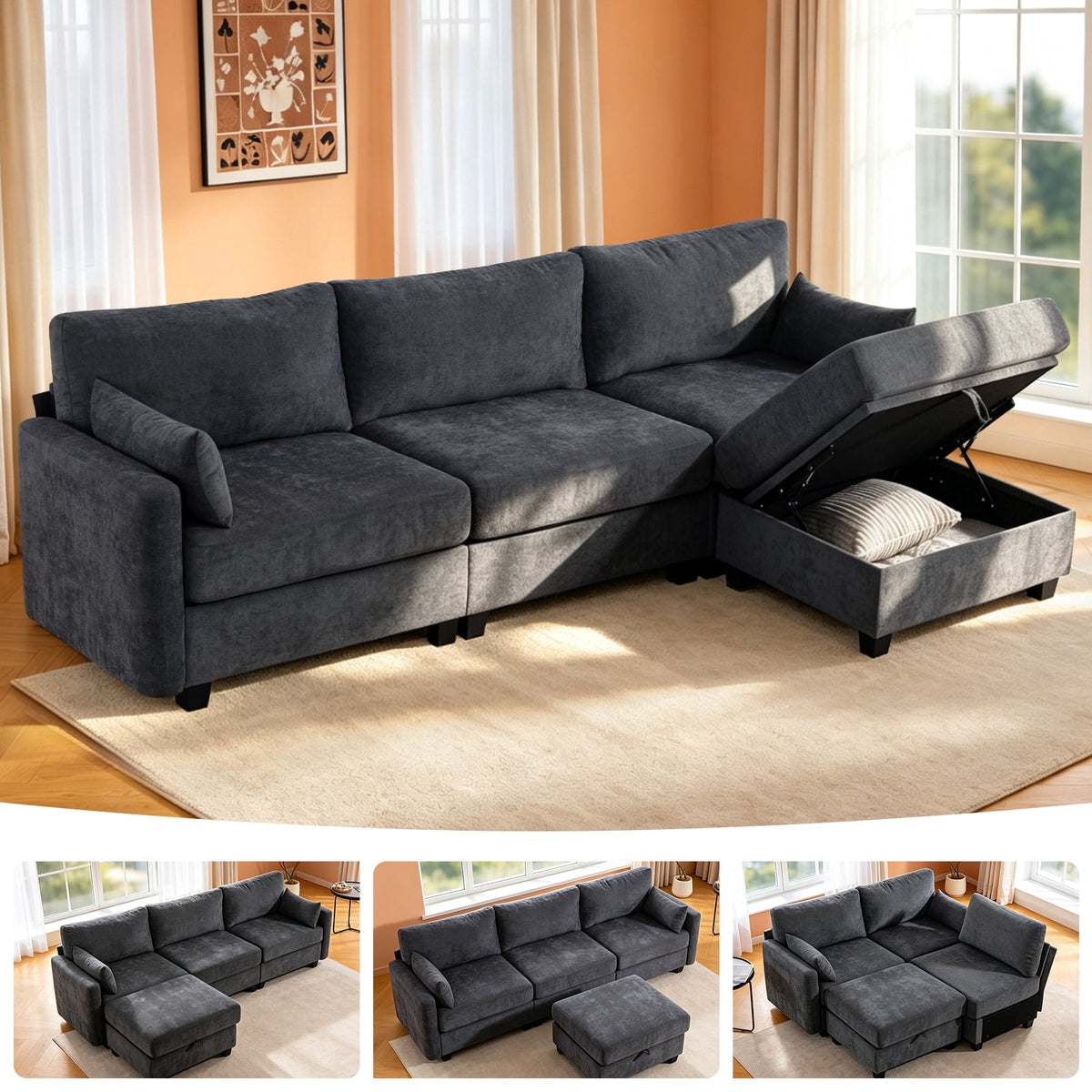 SOLIA 109" 4-Seat L-Shaped Sleeper Sectional Sofa Bed with Storage Ottoman