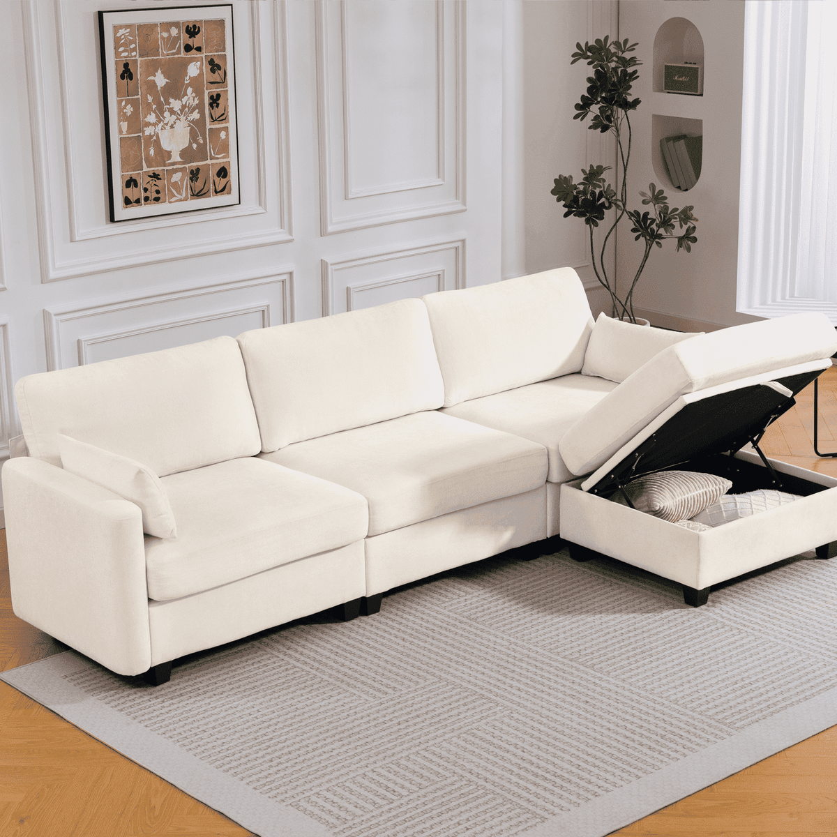 109" Modular L-Shaped Sectional Sofa, Convertible 4-Seat Sleeper Couch with Storage Ottoman, Movable Ottomans, Oversized Deep Seat for Living Room Apartment