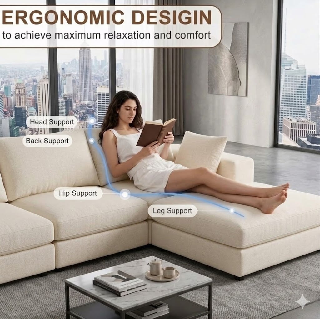  97-inch L-shaped Sofa, Upholstered Deep Seat Sofa with Cotton-Linen Brushed Fabric, Ottoman & Side pocket, 3-Seater Sofa for Living Room, Beige