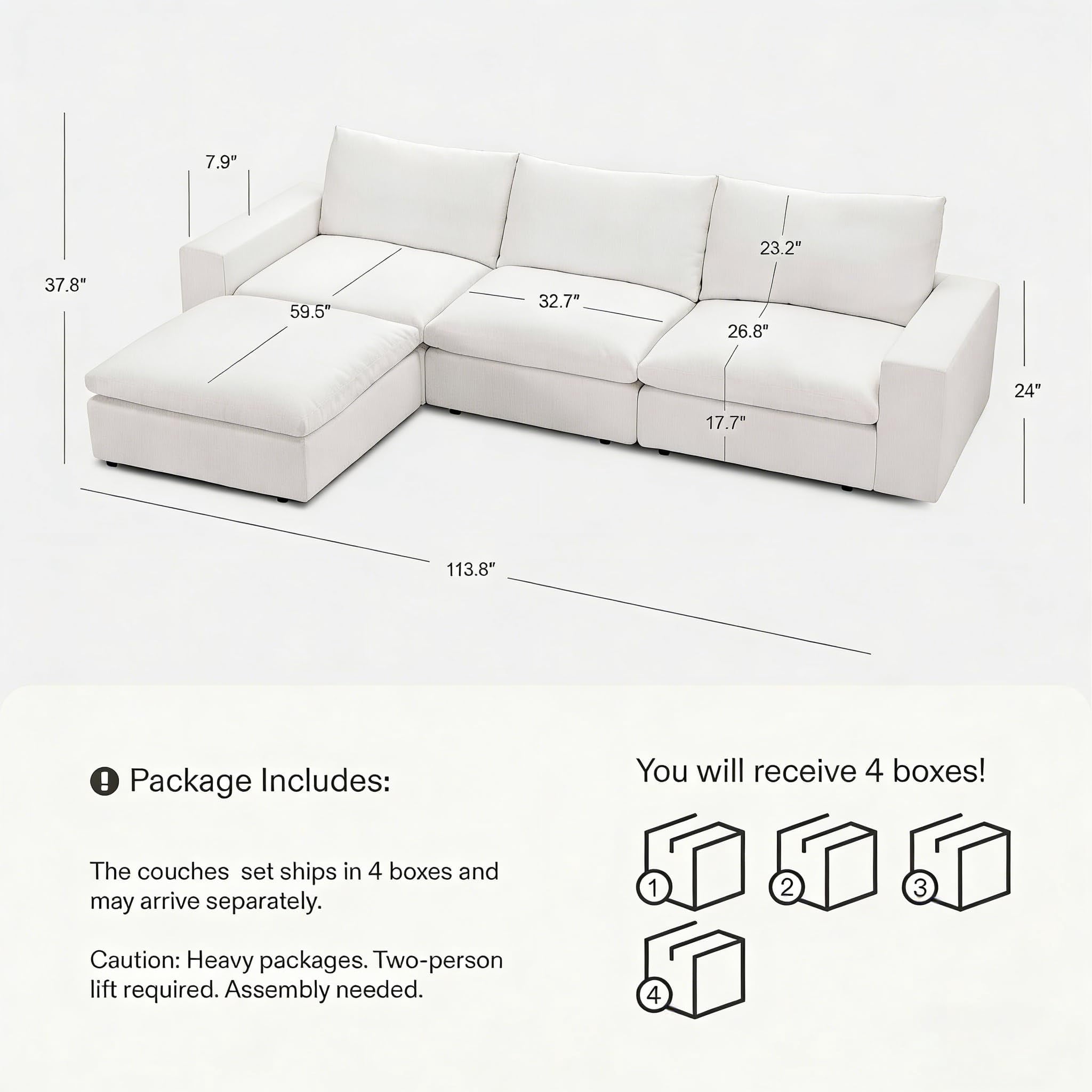 Vorthio 113.8" Cloud Couch Oversized Modular Sectional Sofa, 3 Seater with Ottoman, Modern L Shaped Comfy Sofa, Wide & Deep Seat Couches with Metal Frame, White