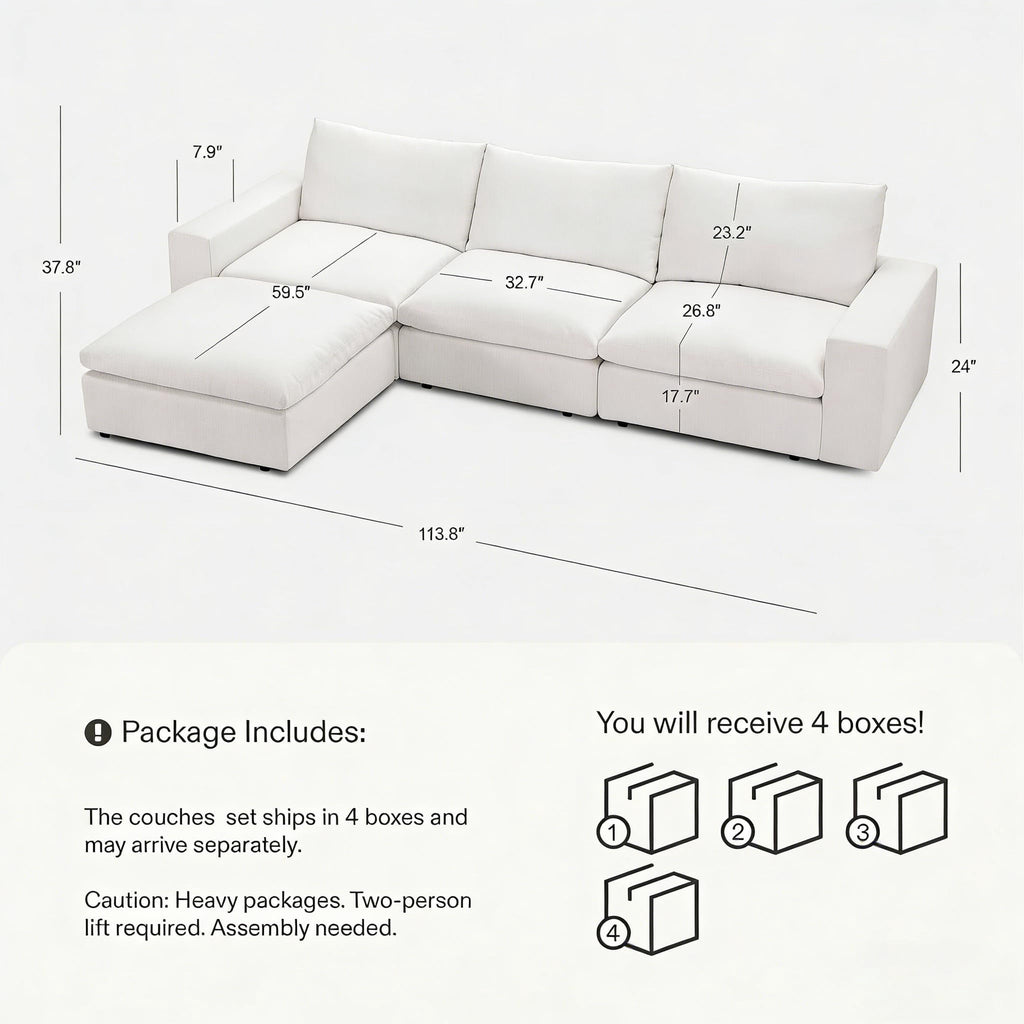 Vorthio 113.8" Cloud Couch Oversized Modular Sectional Sofa, 3 Seater with Ottoman, Modern L Shaped Comfy Sofa, Wide & Deep Seat Couches with Metal Frame, White