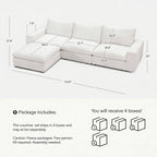 Vorthio 113.8" Cloud Couch Oversized Modular Sectional Sofa, 3 Seater with Ottoman, Modern L Shaped Comfy Sofa, Wide & Deep Seat Couches with Metal Frame, White