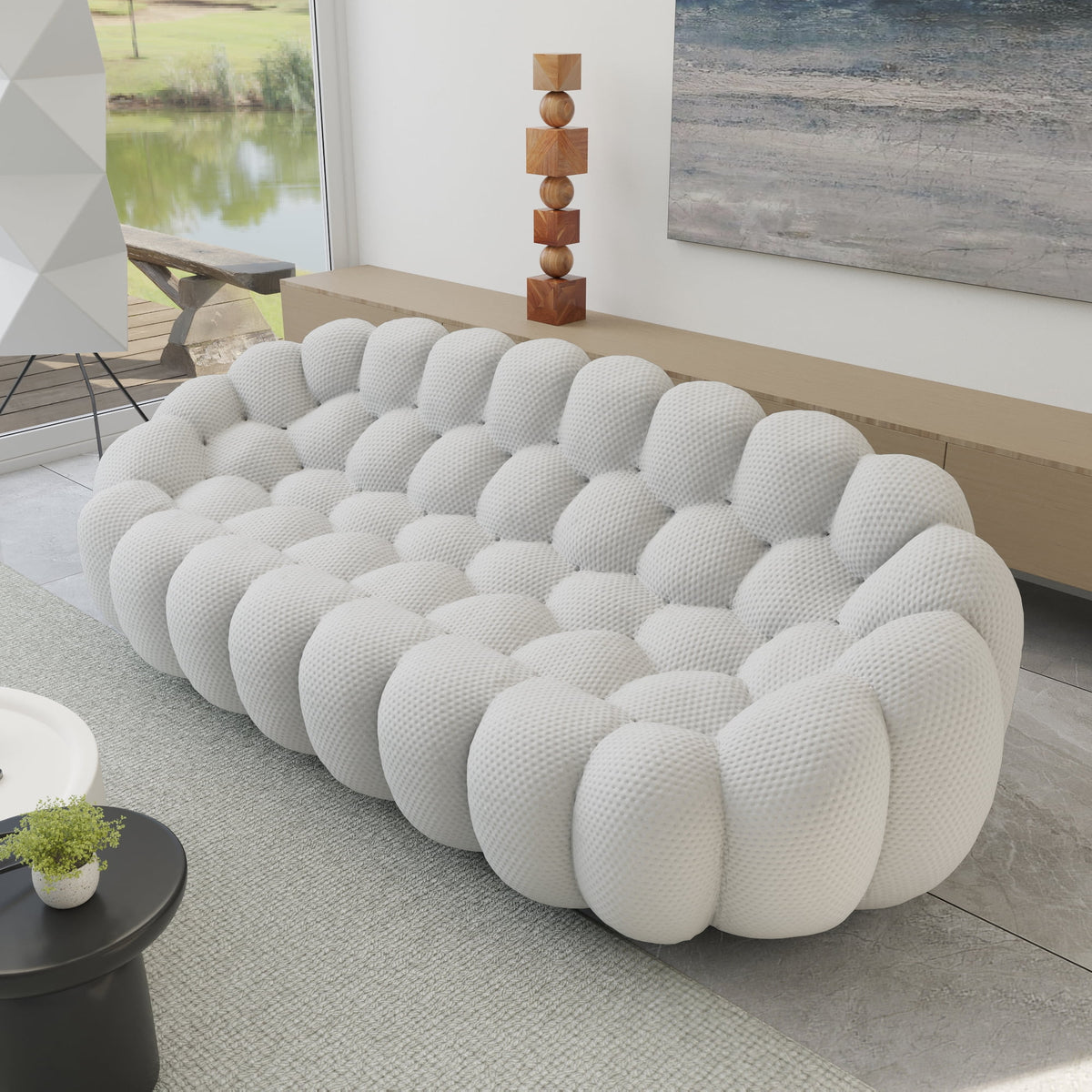 Sdorens 98.43" Bubble Couch,Modern Upholstered Mesh Fabric Lazy Floor Sofa,3D Honeycomb Shape Bubble Sofa Curved Couch for Living Room,Office,Apartment,No-Assembly(Light Gray,3-Seater)