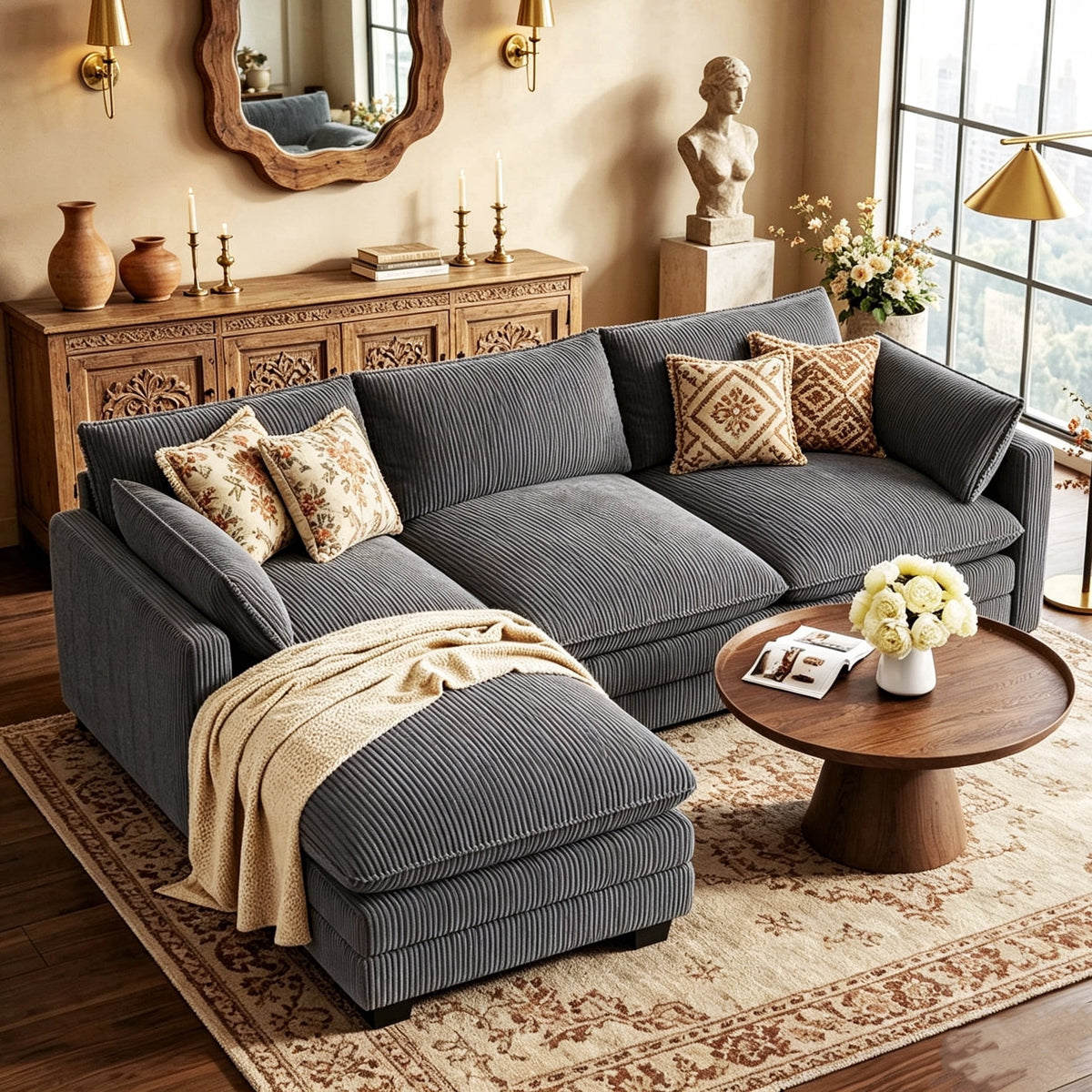 SOLIA 135" 4-Seat U-Shaped Modular Sectional Sofa Couch Corduroy with Chaise Lounge