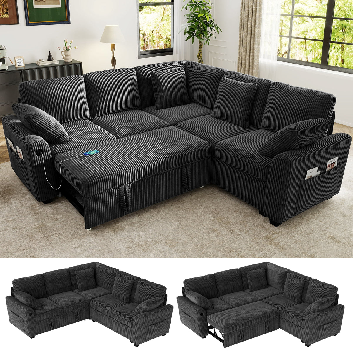 SOLIA 81" L-Shaped Sleeper Sectional Sofa Bed Corduroy with Storage Ottoman & USB Charging