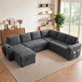 110" Modular Sectional Sleeper Sofa with Pull Out Bed, 7 Seat Plush L Shaped Couch with Storage Chaise|USB Ports|Cup Holders|Side Table|Storage Armrests, Tool Free Assembly, Chenille Fabric Dark Gray