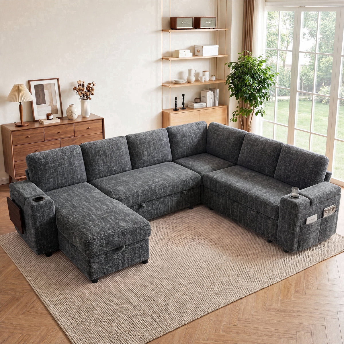 110" Modular Sectional Sleeper Sofa with Pull Out Bed, 7 Seat Plush L Shaped Couch with Storage Chaise|USB Ports|Cup Holders|Side Table|Storage Armrests, Tool Free Assembly, Chenille Fabric Dark Gray