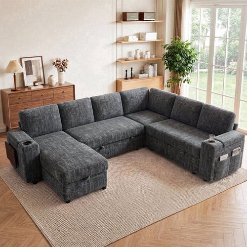 110" Modular Sectional Sleeper Sofa with Pull Out Bed, 7 Seat Plush L Shaped Couch with Storage Chaise|USB Ports|Cup Holders|Side Table|Storage Armrests, Tool Free Assembly, Chenille Fabric Dark Gray
