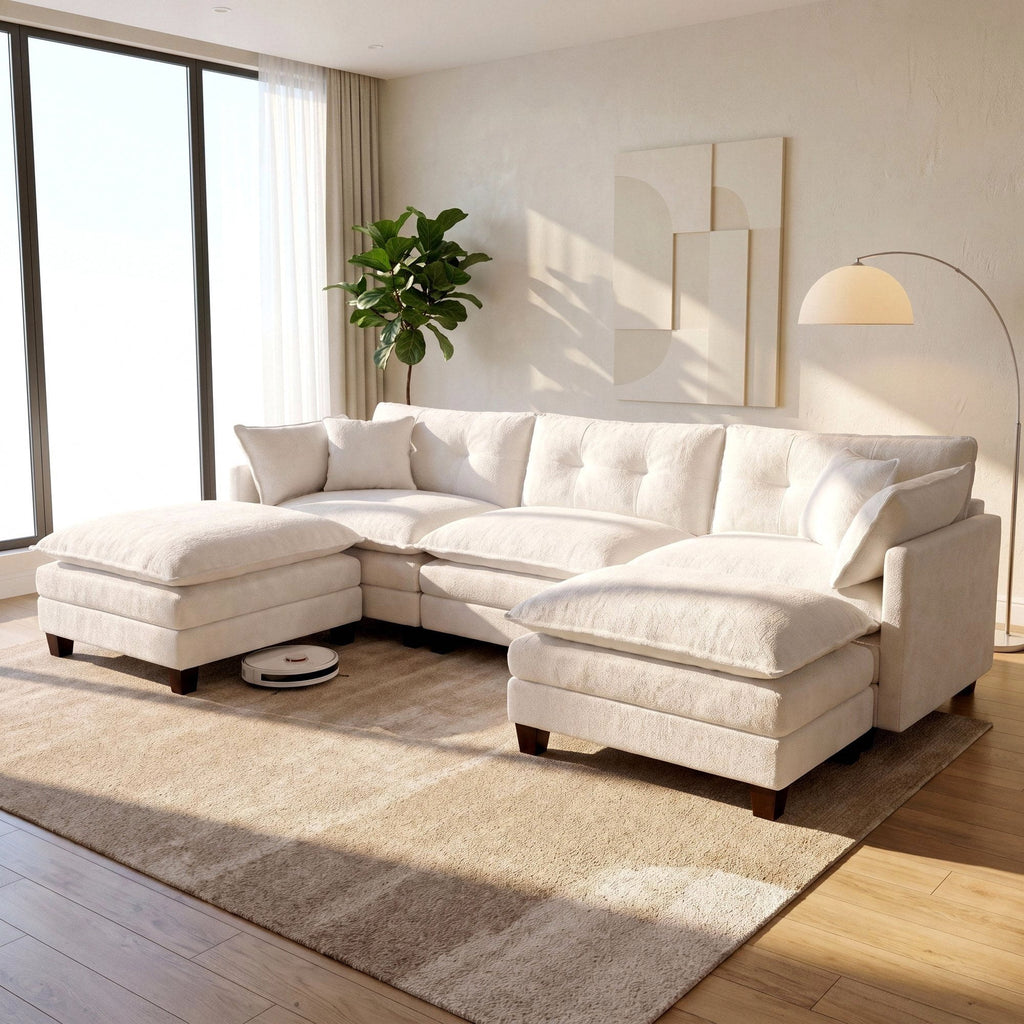 Amsleekey 111.5" U-Shaped Modular Sectional Sofa, Modern Chenille Cloud Couch with 2 Ottomans, Comfy Deep Seat Living Room Furniture, Beige