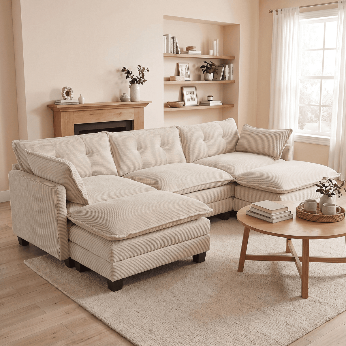 SOLIA 111.5" U-Shaped Cloud Modular Sectional Couch Corduroy with Movable Ottoman