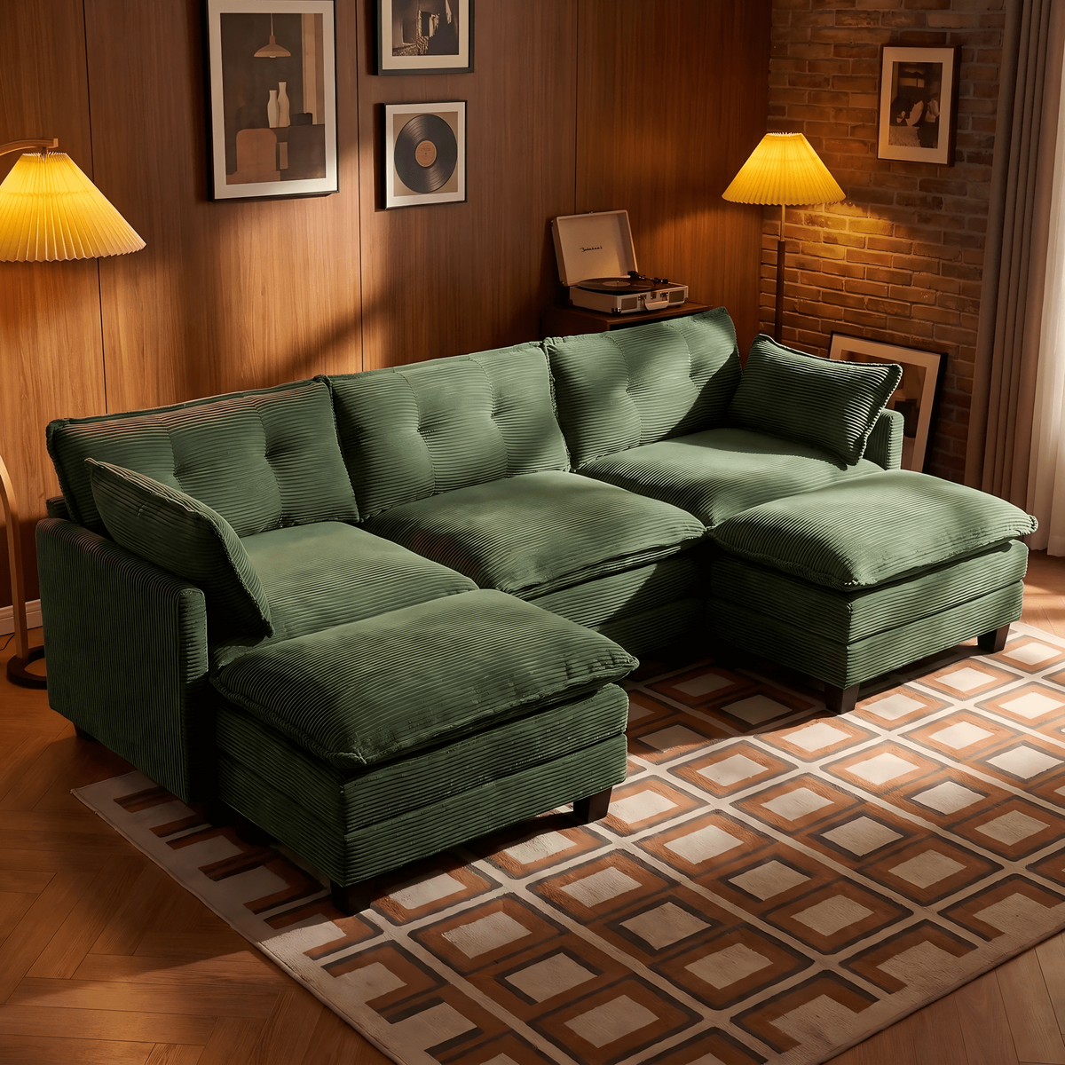 Amsleekey 111.5" Modular Sectional Sofa with 2 Movable Ottomans, U-Shaped Modern Corduroy Cloud Couch for Living Room, Comfy Deep Seat, Green