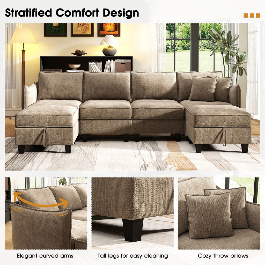  112" Modular Sectional Sofa with 2 Moveable Storage Ottoman, Cloud Couch Seats 6, Modern Living Room Furniture, Chenille Brown