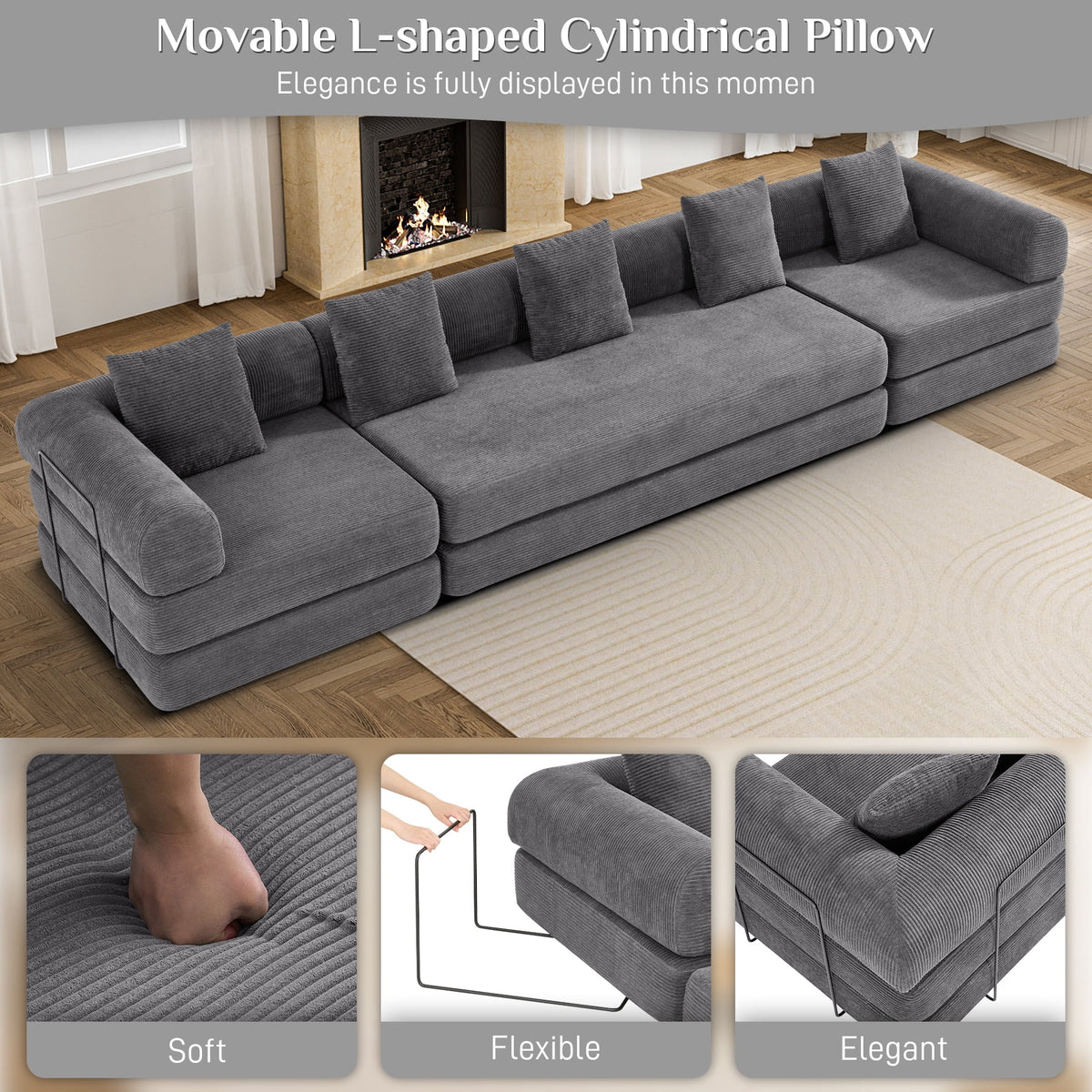 157" Convertible Sleeper Sofa Bed,Corduroy Futon Sofa Couch with High-Density Foam,Deep Seat Sofa for Living Room, Bedroom,Gray