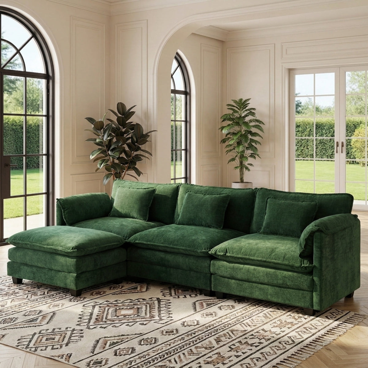 JULY'S SONG 113" L Shaped Couch Set, Deep Seat Modular Sectional Sofa with Movable Ottoman, Plush Couches and Sofas Detachable Cushions, Chenille Sectionals for Living Room, Green