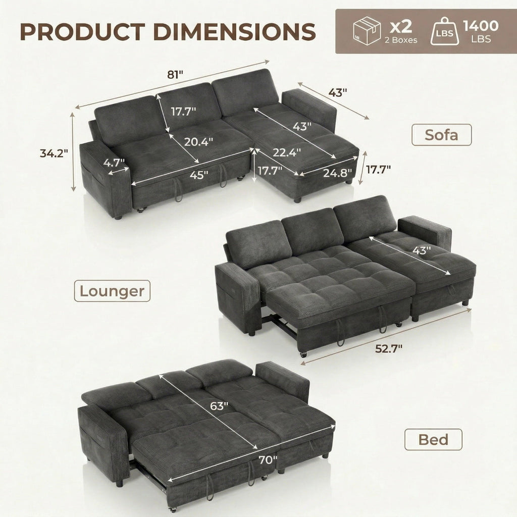 81" Sectional Sleeper Sofa Bed with Pull Out Couch, L-Shaped Chenille Fabric Sofa with USB Ports and Storage Chaise, Charcoal Gray