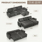 81" Sectional Sleeper Sofa Bed with Pull Out Couch, L-Shaped Chenille Fabric Sofa with USB Ports and Storage Chaise, Charcoal Gray
