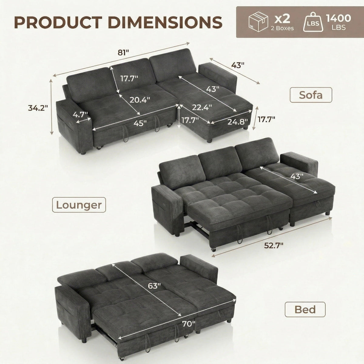 81" Sectional Sleeper Sofa Bed with Pull Out Couch, L-Shaped Chenille Fabric Sofa with USB Ports and Storage Chaise, Charcoal Gray