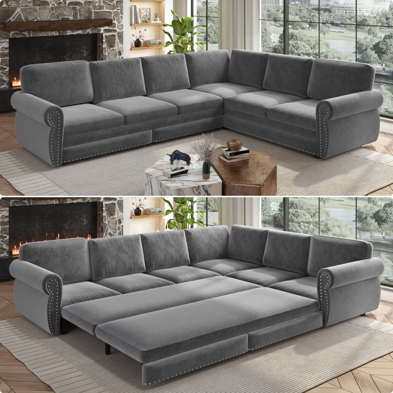 118" L-Shaped Convertible Sleeper Couch Bed, Chenille Upholstered Sectional Sofa with Pull-Out Sofa Bed, Modern Chesterfield Sofa for Living Room