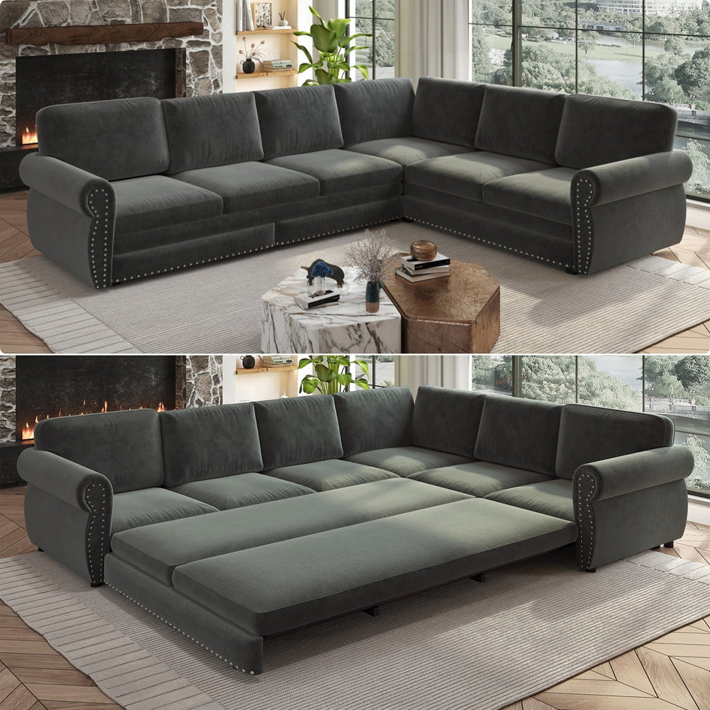118'' Pull Out Couch, Convertible Sleeper Sofa Bed, Upholstered Sectional Sofa, Chenille L-Shaped Couch with Nailhead Trim, Modern Sectional Couches for Living Room, Apartment, Dark Grey