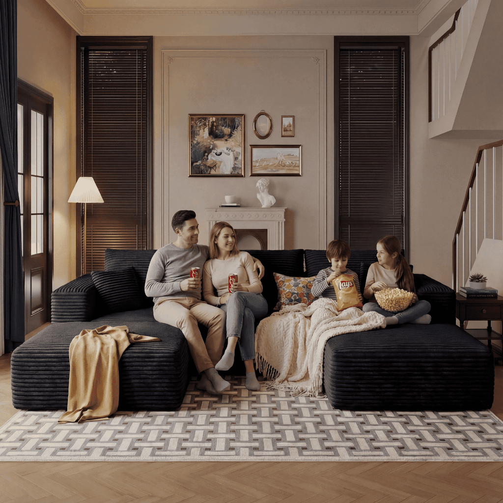 Pionex 108" Sectional Couch with Ottoman, Cloud Modular Boneless Couch, Deep Seat U-Shaped Sofa, Upholstered 3-Seater Sofas for Living Room, No Assembly Required