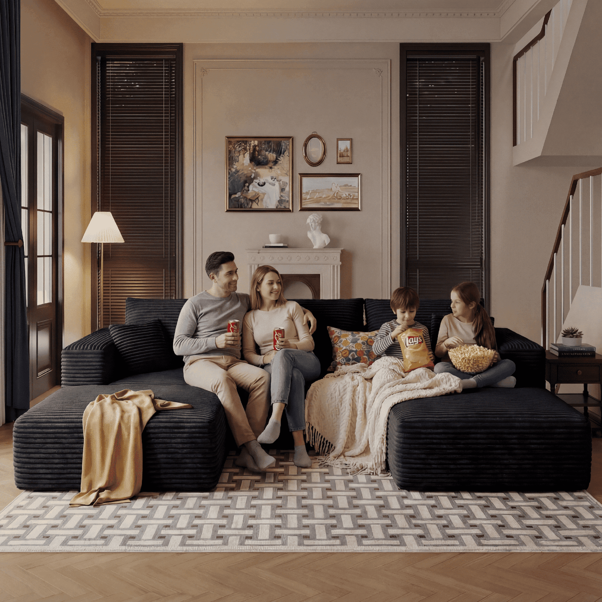 Pionex 108" Sectional Couch with Ottoman, Cloud Modular Boneless Couch, Deep Seat U-Shaped Sofa, Upholstered 3-Seater Sofas for Living Room, No Assembly Required