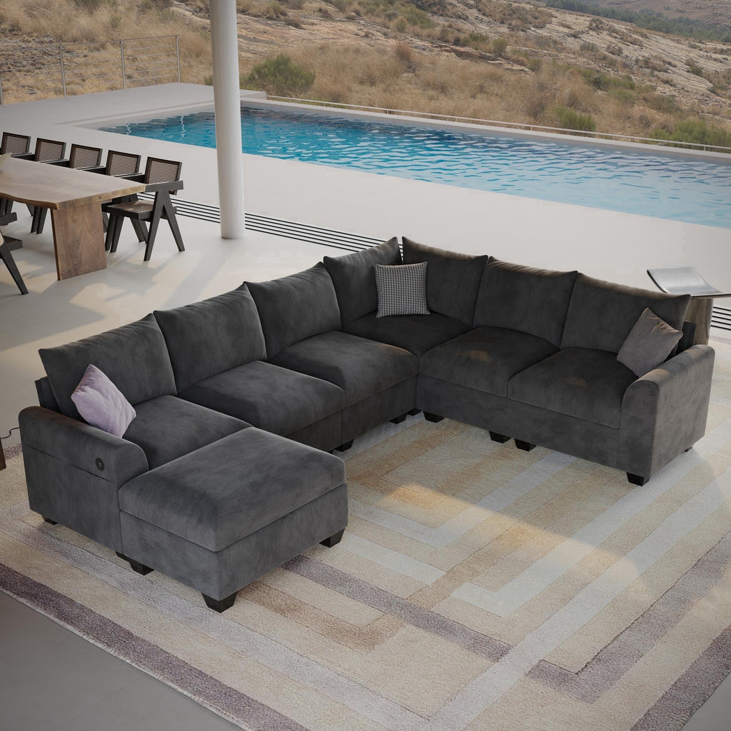 120" 7-Seater L-Shaped Sectional Couch, Modern Chenille V-Shaped Corner Sofa with Storage Ottoman & USB Ports, Modular Sofa for Living Room