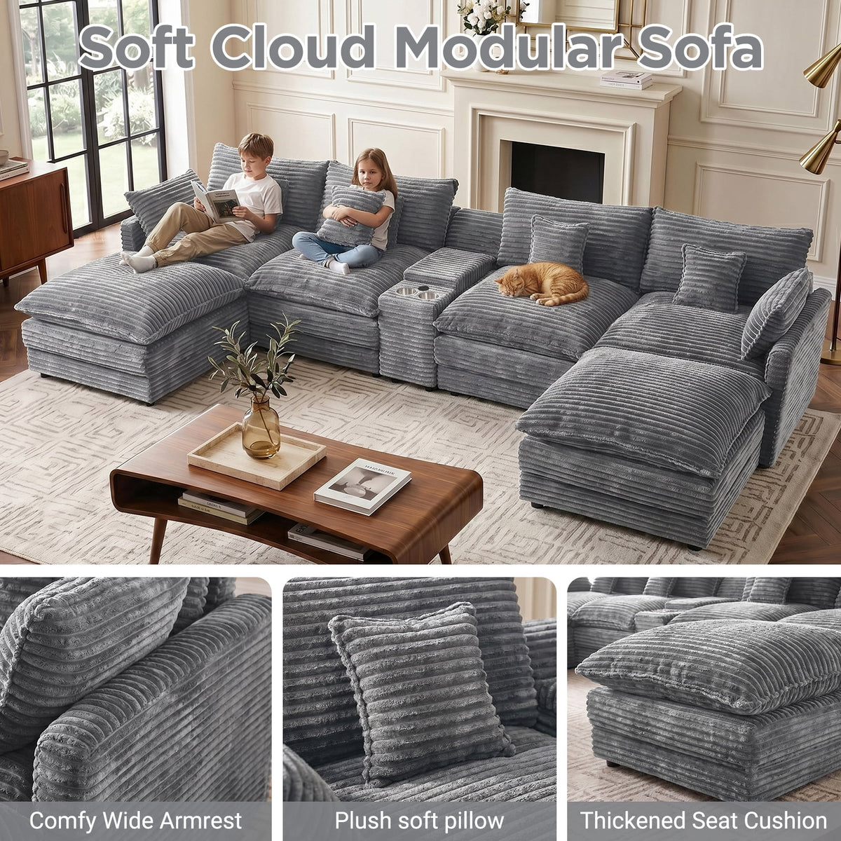 HUACANORA Contemporary Corduroy 6-Seat and Oversized U-Shaped Modular Sectional Cloud Couch with Hidden Storage Console and Cup Holders, Light Gray