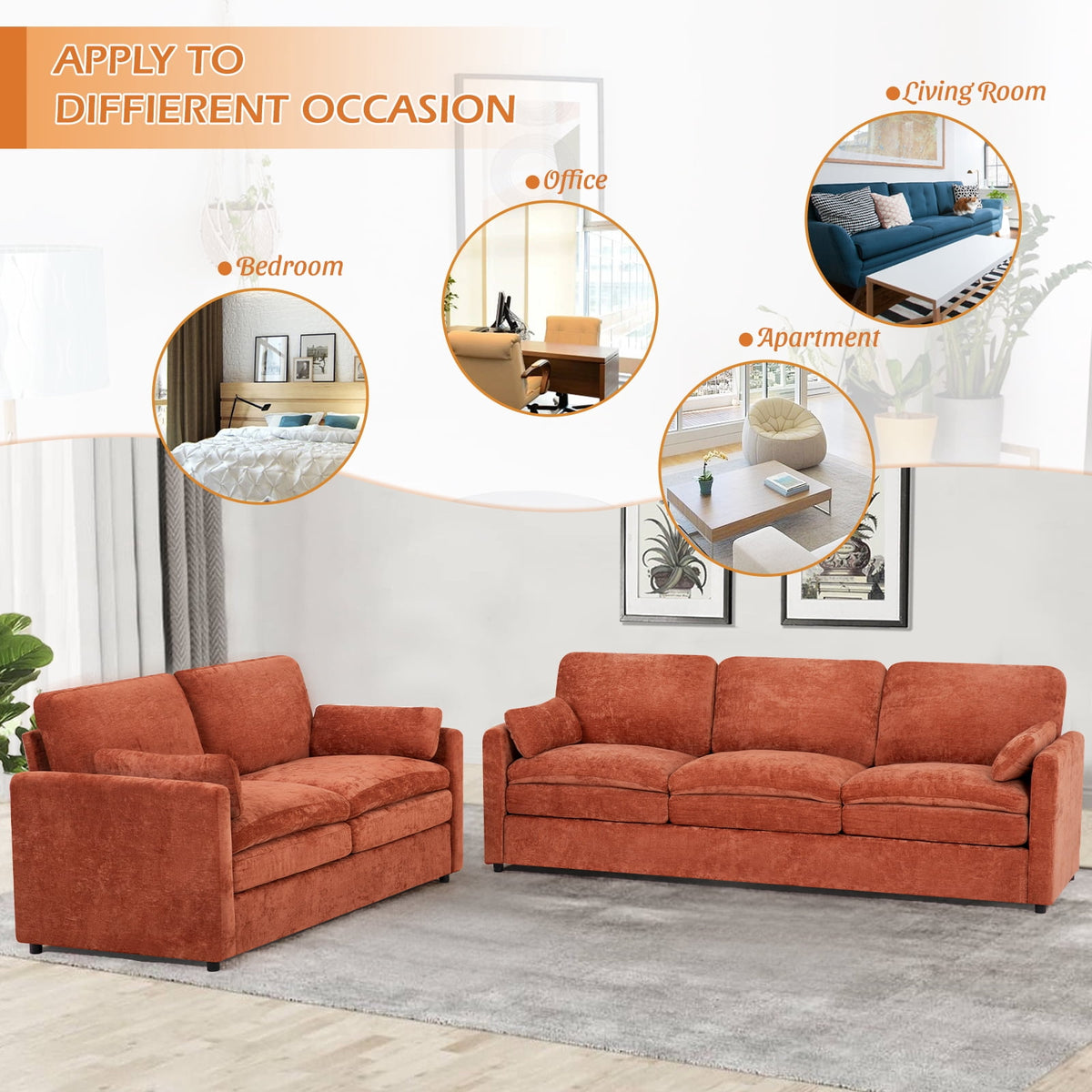 FamiTOP Chenille 69? Love Seat & 89? 3-Seat Sofa w/Thick Seat & Backrest Cushions, Modern Couch Set with Soft Pillows, Upholstered 3 Seat & 2 Seat Sofa w/Sturdy Frame for Office, Living Room, Orange