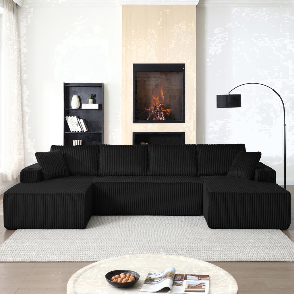  124 Inch U Shaped Modular Sectional Sofa, Modern Corduroy Boneless Sofa for Living Room, Upholstered Deep Seat Cloud Sofas Couches, No Assembly Required, Black