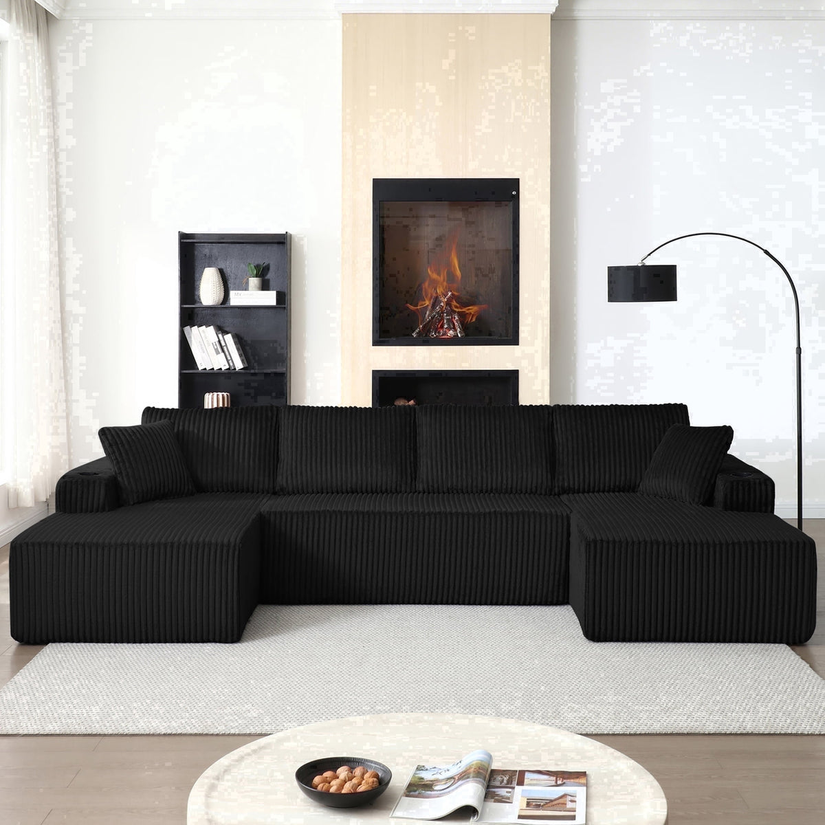  124 Inch U Shaped Modular Sectional Sofa, Modern Corduroy Boneless Sofa for Living Room, Upholstered Deep Seat Cloud Sofas Couches, No Assembly Required, Black