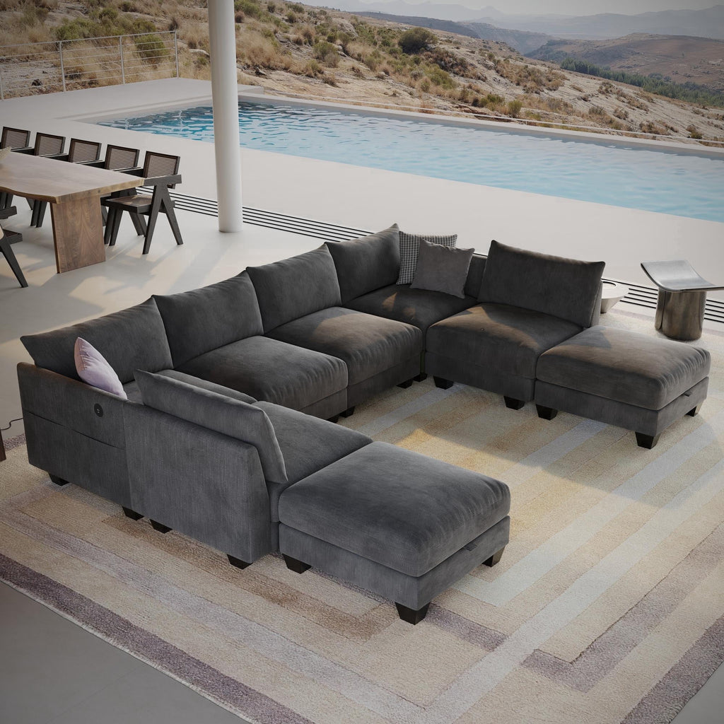 124" Modern Cloud Modular Sectional Sofa, 8-Seater U-Shaped Chenille Couch with Storage Ottoman and USB Charging Ports for Living Room