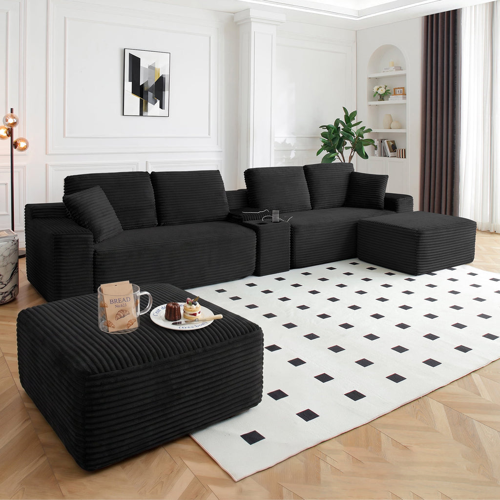  125 Inch Oversized Modern Cloud Couch, Modular Sectional Sofa Couch for Living Room, U Shape Couches with 2 Ottomans, USB Ports and Cup Holders, Corduroy Boneless Sofas, Black