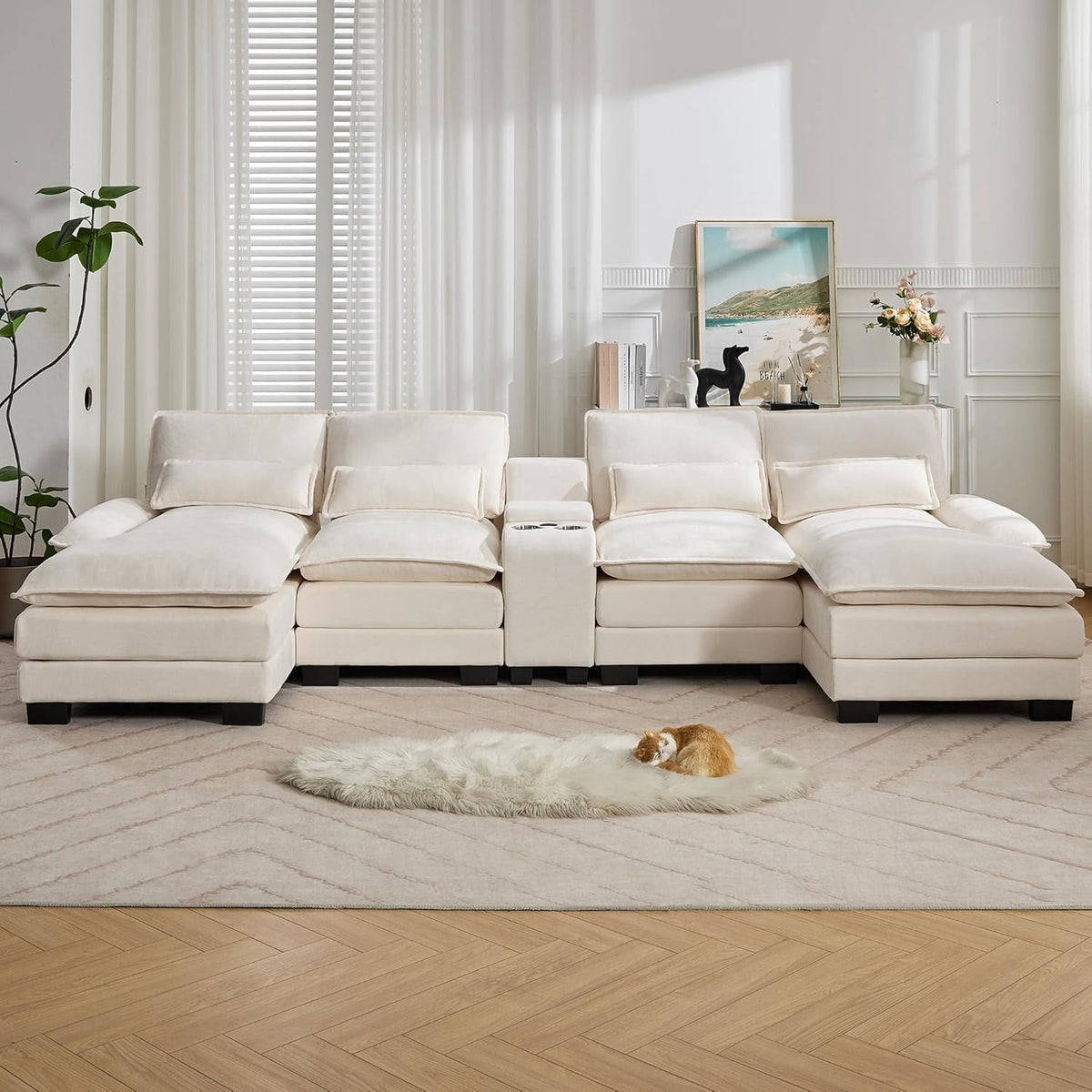 125'' U Shaped Cloud Modular Sectional Sofa with Chaise Lounges, Chenille Upholstered Comfy Couch with Storage Console, USB Charging Ports & Cup Holders, Modern Deep Seat Sofa for Living Room, Beige