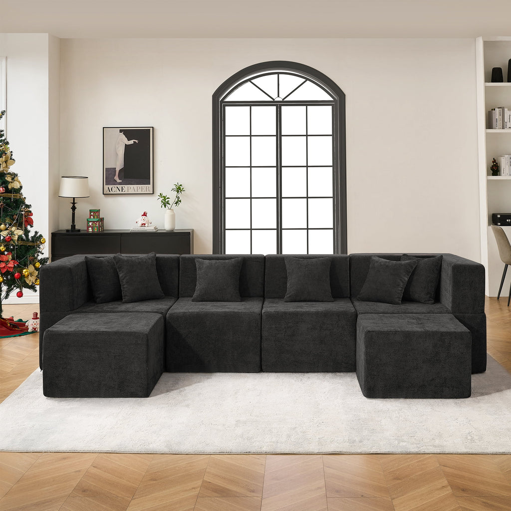  130" 6-Piece Modular Sectional Sofa with 2 Movable Ottomans, U-Shaped Cloud Couch for Living Room, Modern Chenille Deep Seat Sofa Set, Flexible Oversized Sleeper Couches, Black