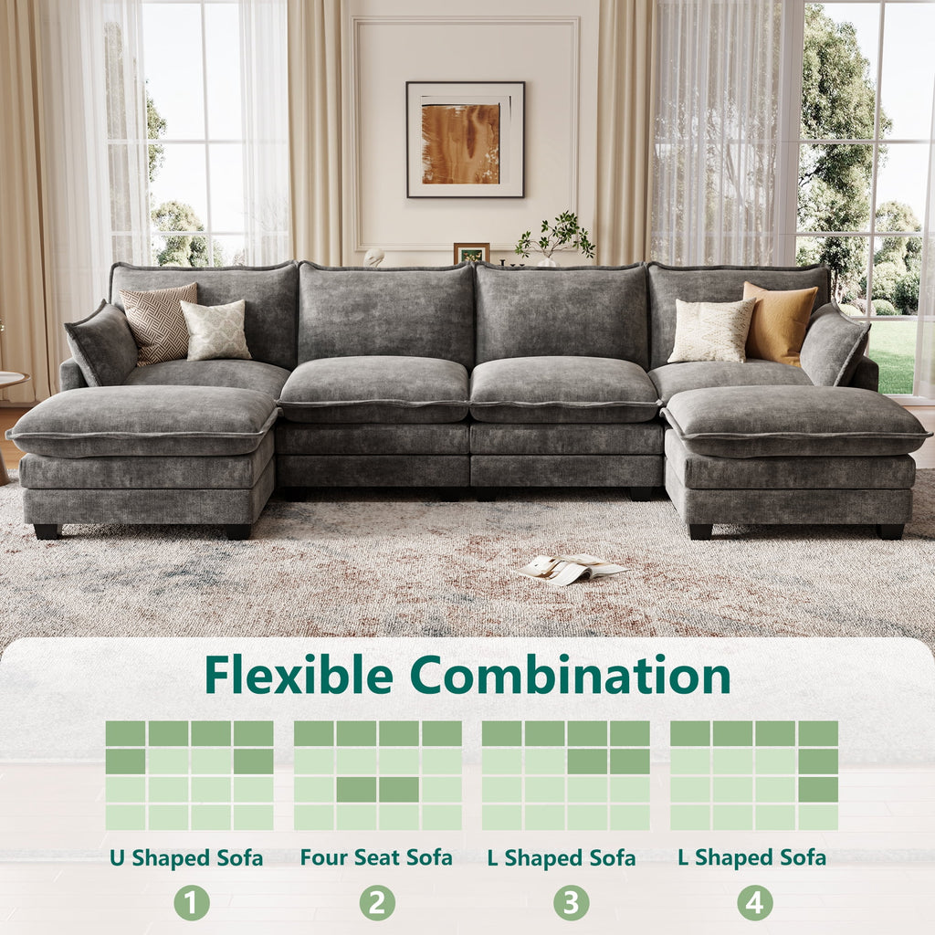 DoMaDing U Shaped Modular Sectional Sofa, 116" Couch with Movable Ottoman, Comfy Chenille Sofa with Pillows for Living Room, Sturdy Frame, Dark Gray