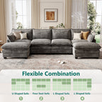 DoMaDing U Shaped Modular Sectional Sofa, 116" Couch with Movable Ottoman, Comfy Chenille Sofa with Pillows for Living Room, Sturdy Frame, Dark Gray