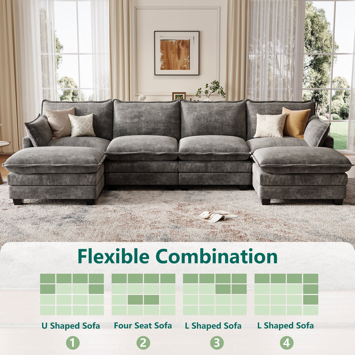 DoMaDing U Shaped Modular Sectional Sofa, 116" Couch with Movable Ottoman, Comfy Chenille Sofa with Pillows for Living Room, Sturdy Frame, Dark Gray