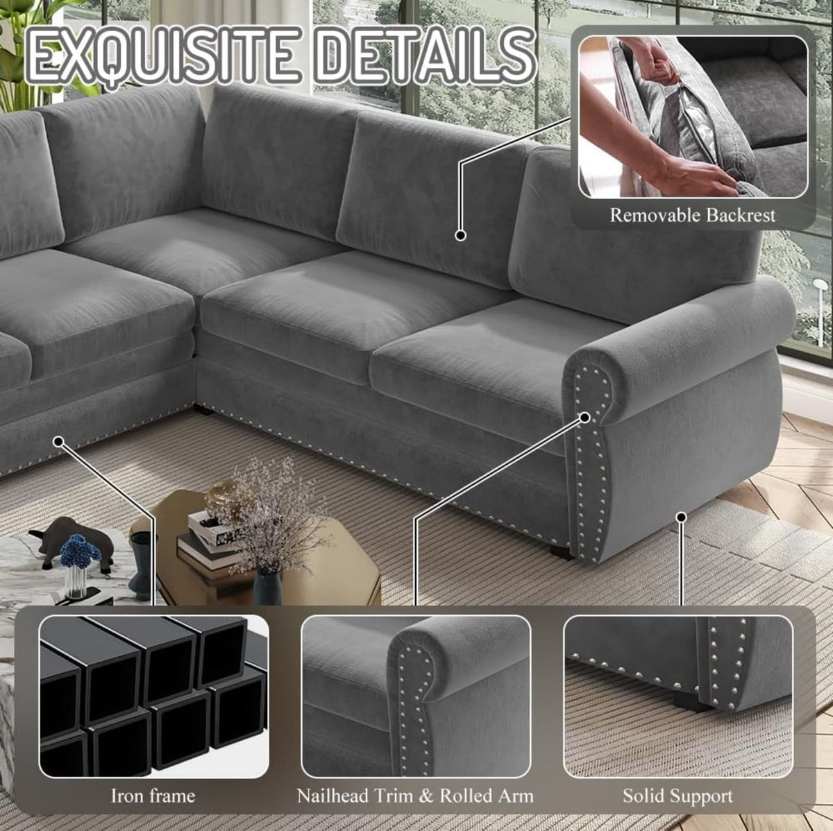 118" L-Shaped Convertible Sleeper Couch Bed, Chenille Upholstered Sectional Sofa with Pull-Out Sofa Bed, Modern Chesterfield Sofa for Living Room