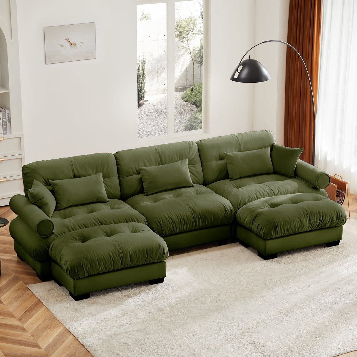 130"Oversized Couch, 3 Seater Modular Sectional Sofa, Olive Green Large U Shaped Sectional Couches for Living Room, Fluffy Couch Set, 3 Seater, Velvet Cloud Couch with Ottoman, Sofas for Living Room