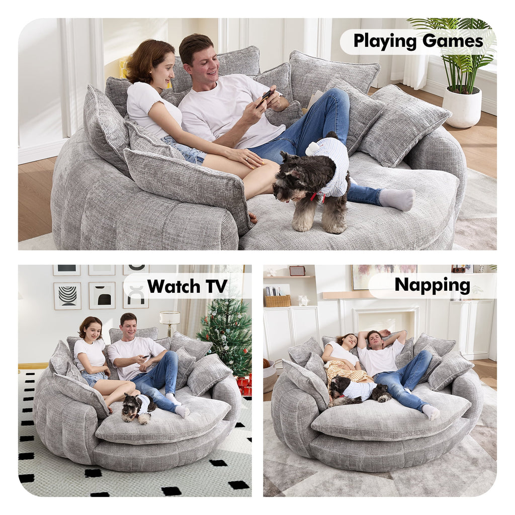  81" Oversized Round Chaise Lounge Sofa Bed, Modern Chenille Cloud Couch with Deep Seat, 14 Pillows, Assemble-Free, Light Gray