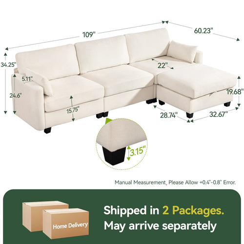 109" L-Shaped Modular Sectional Sofa with Sleeper Bed, Storage & Movable Ottomans, Oversized Deep Seat Cloud Couch, Convertible 4-Seat Sofa for Living Room or Apartment (Beige, High Legs 3.15")