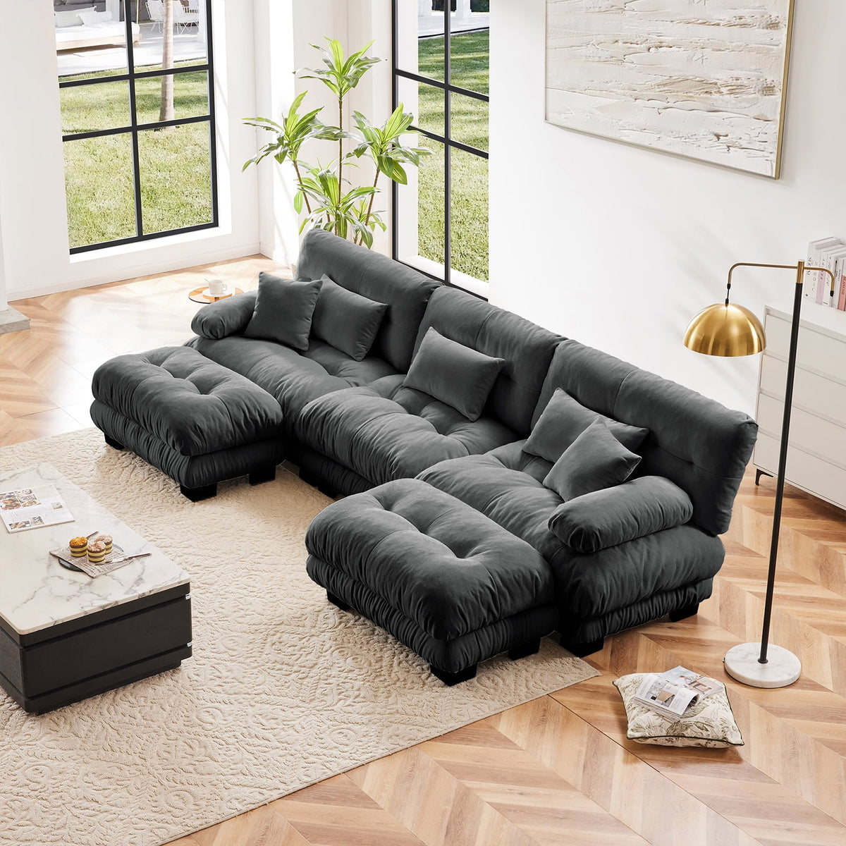 SOLIA 130" 3-Seat U-Shaped Cloud Modular Sectional Couch Velvet with Movable Ottoman