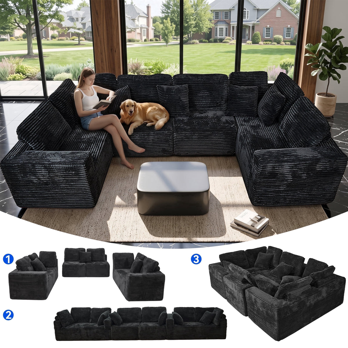  135.5" Sectional Couch, Black U Shaped Sofa for Living Room, Boneless Cloud Couch with Chaise,6-Seater, Corduroy Fabric, Freely Configurable Layout