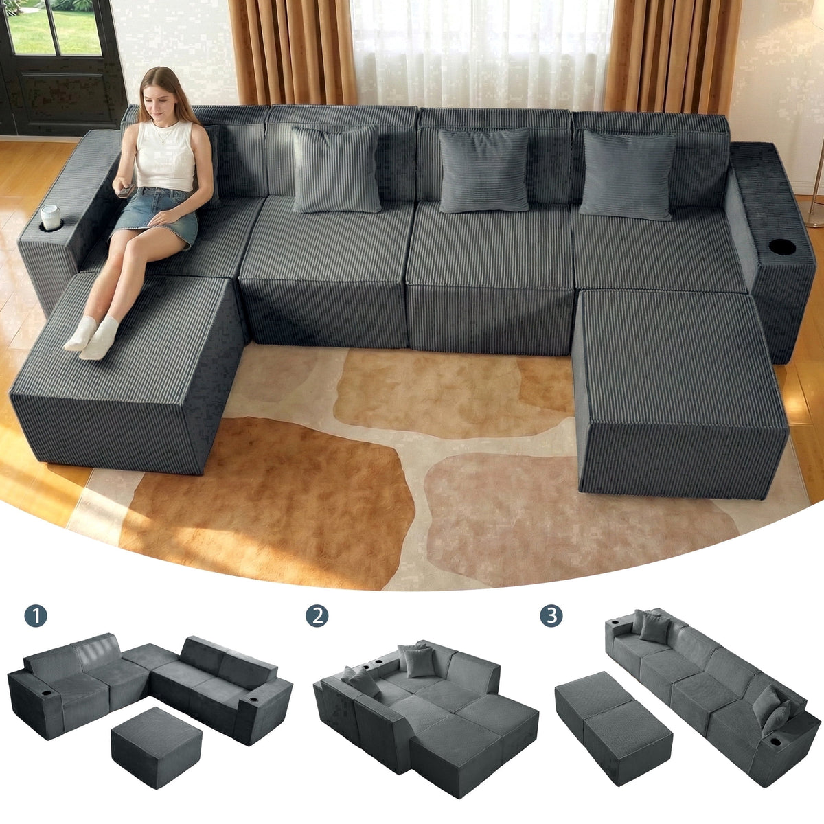 SOLIA 130" 4-Seat U-Shaped Cloud Modular Sectional Couch Corduroy with Chaise Lounge