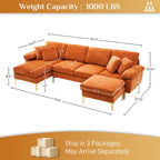 Wiilayok U Shaped Sectional Sofa,Velvet Modular 4 Seat Sofa Couch,114 inch L-Shaped Couch Set with Chaise Lounge, Ottoman& Pillows for Living Room,Orange