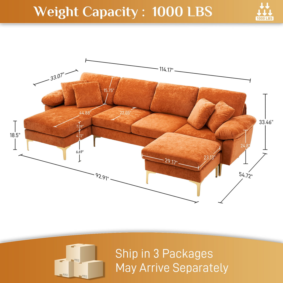 Wiilayok U Shaped Sectional Sofa,Velvet Modular 4 Seat Sofa Couch,114 inch L-Shaped Couch Set with Chaise Lounge, Ottoman& Pillows for Living Room,Orange
