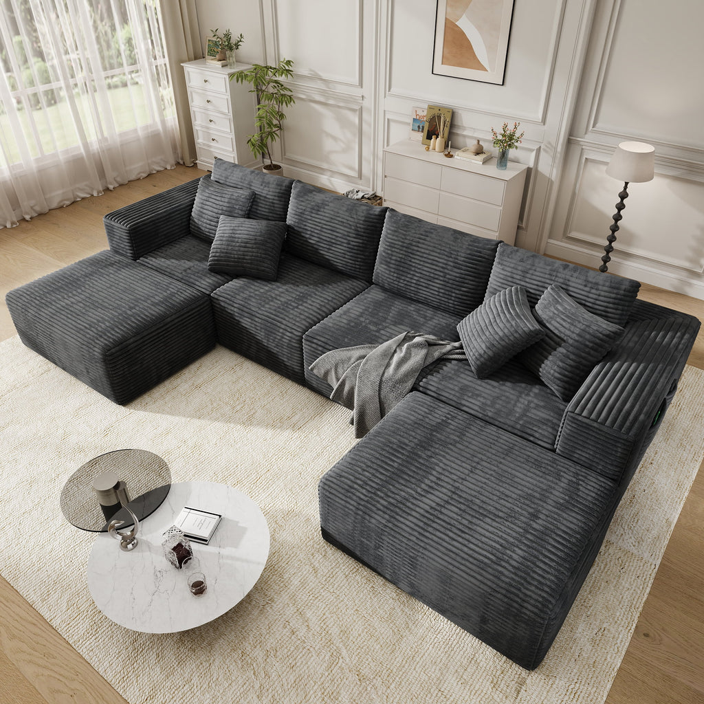 SOLIA 137" U-Shaped Cloud Modular Sectional Couch Corduroy with Movable Ottoman & Chaise Lounge