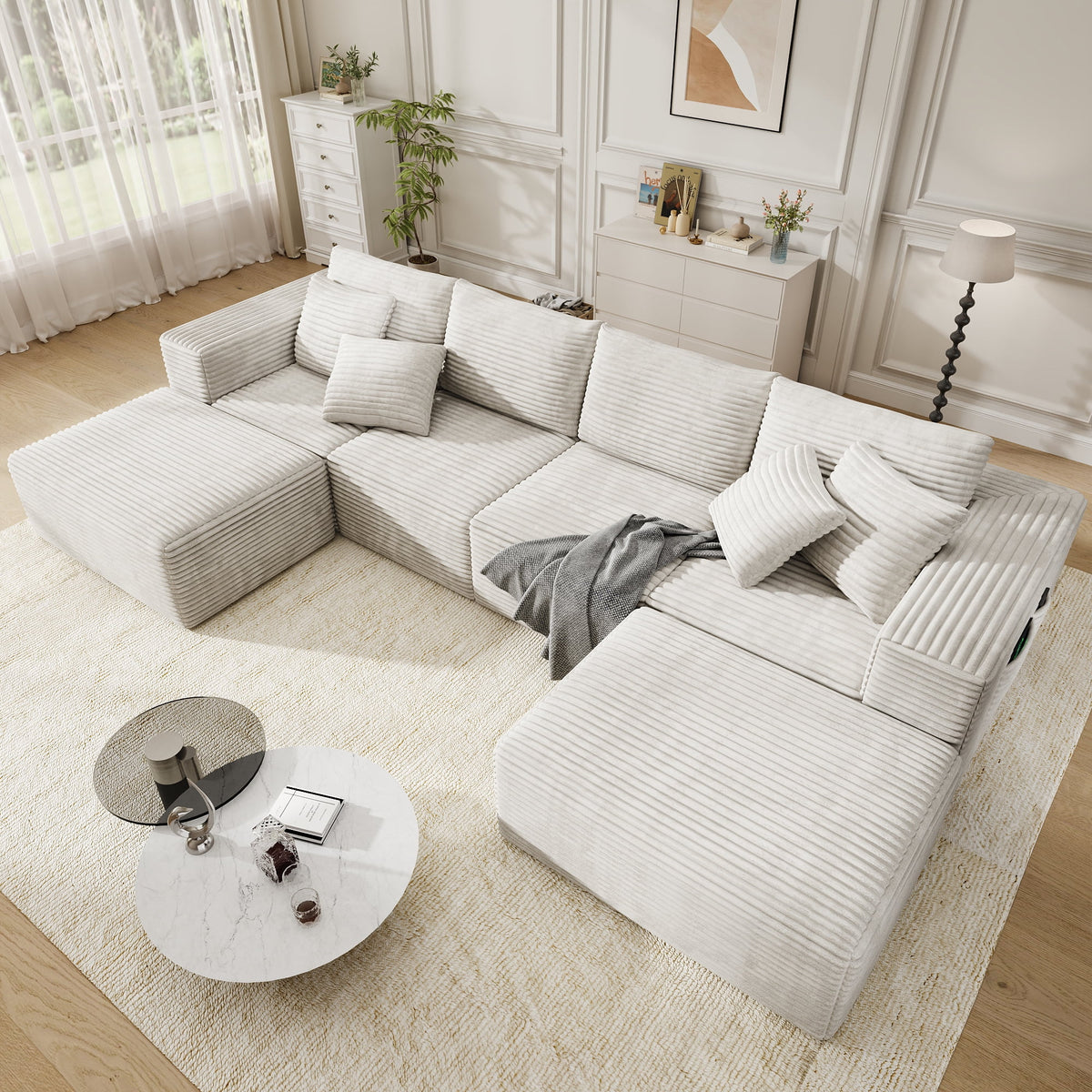 SOLIA 137" U-Shaped Cloud Modular Sectional Couch Corduroy with Movable Ottoman & Chaise Lounge