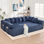  146" Sectional Sofa, U Shaped Sectional Couch with Chaise, 5 Seat Corduroy Sofa Convertible Sleeper Sofa Bed for Living Room Blue