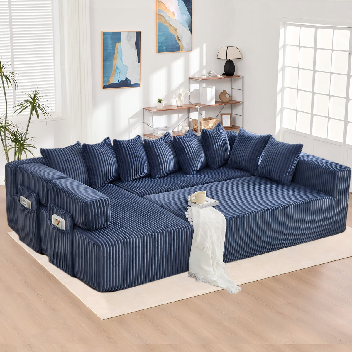  146" Sectional Sofa, U Shaped Sectional Couch with Chaise, 5 Seat Corduroy Sofa Convertible Sleeper Sofa Bed for Living Room Blue